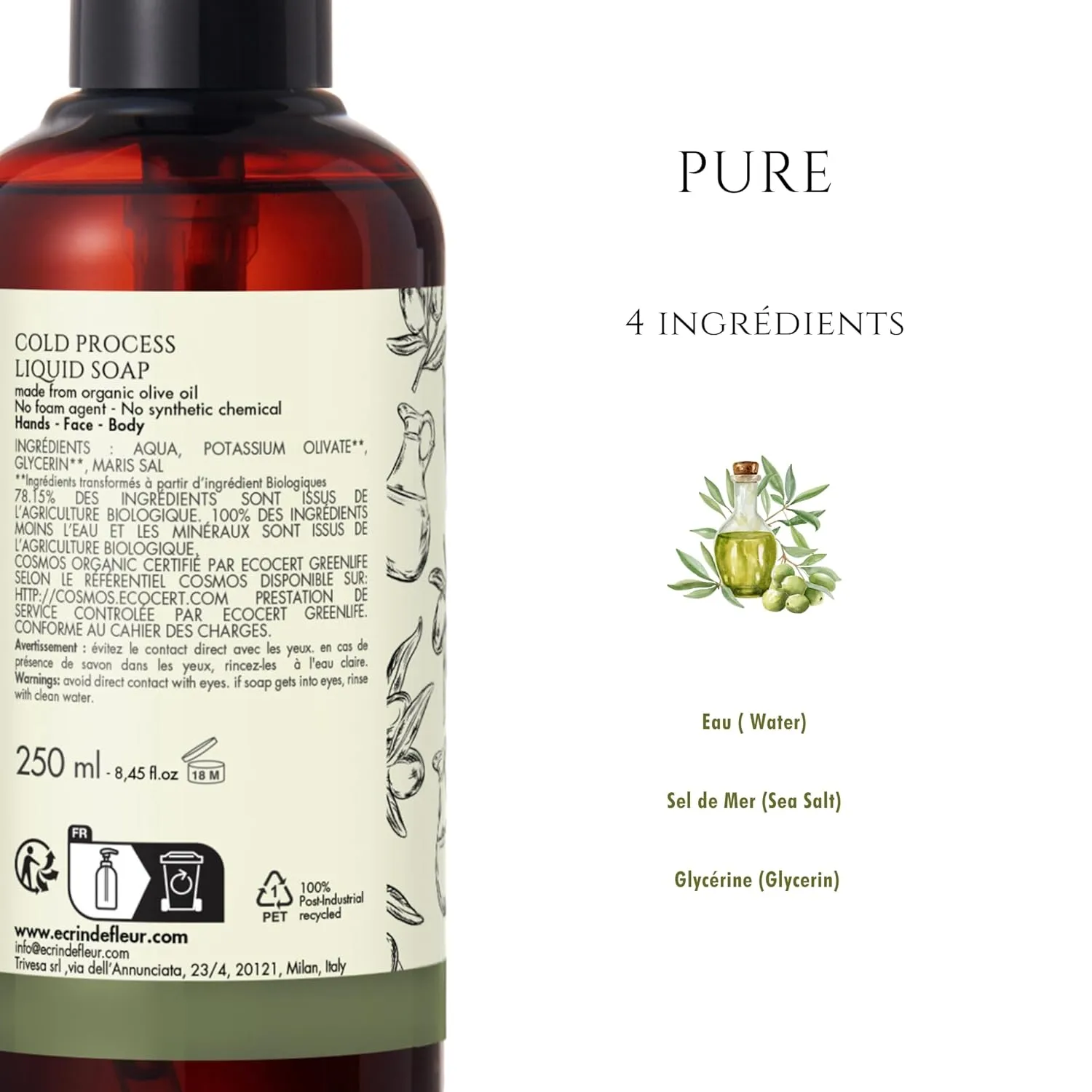 Organic Pure Olive Liquid Soap, Artisan Crafted in South France, Cold Processed, 8.45 fl. oz.
