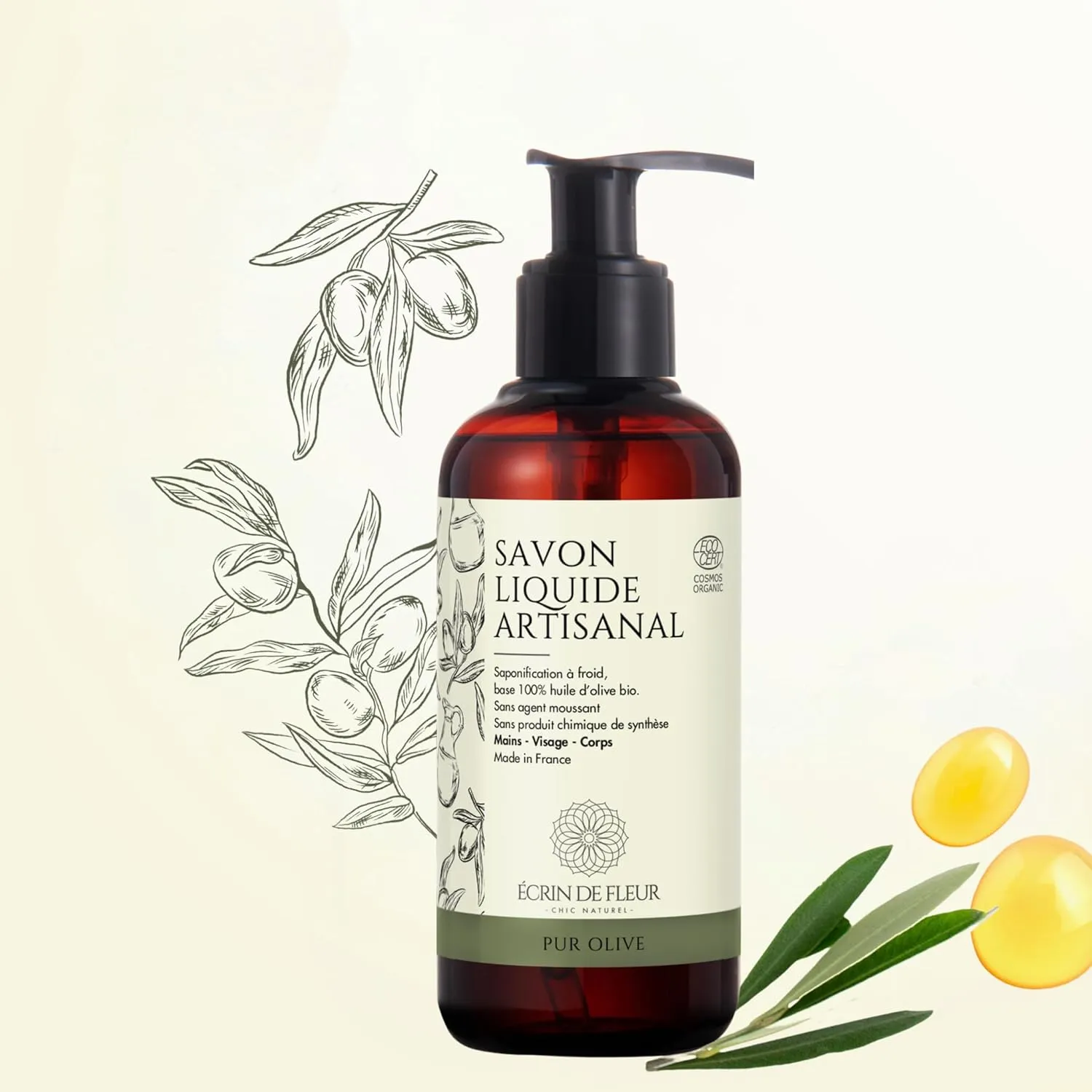 Organic Pure Olive Liquid Soap, Artisan Crafted in South France, Cold Processed, 8.45 fl. oz.