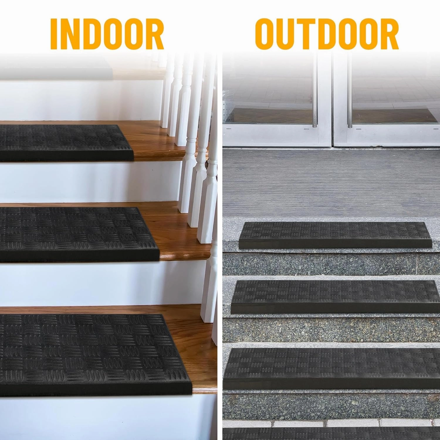 Ottomanson DirtOff Collection Checkers Grid Design Rubber Stair Treads, 5 Pack, 10" X 25.5", Black