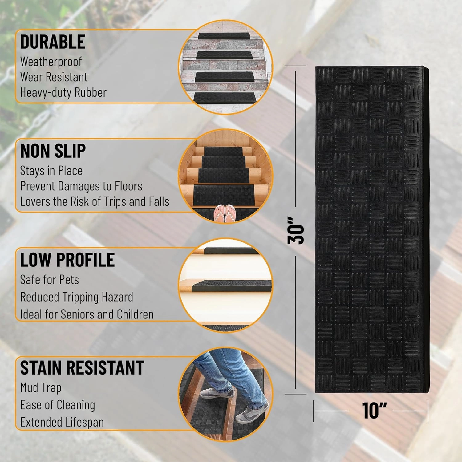 Ottomanson DirtOff Collection Checkers Grid Design Rubber Stair Treads, 5 Pack, 10" X 25.5", Black