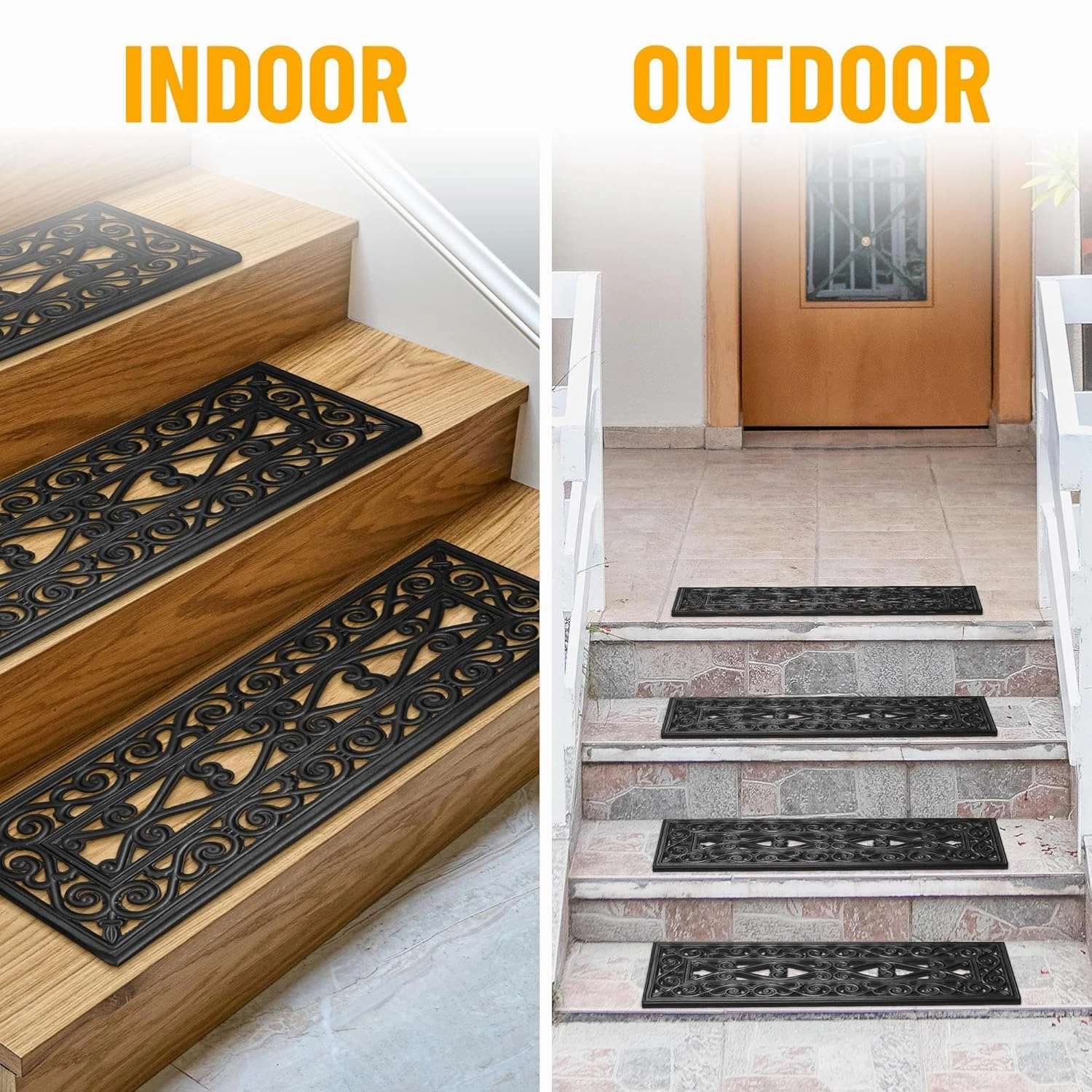 Ottomanson Easy Clean, Waterproof, Low Profile Non-Slip Indoor/Outdoor Rubber Stair Treads, 10" x 30" (5 Pack), Black/Bronze