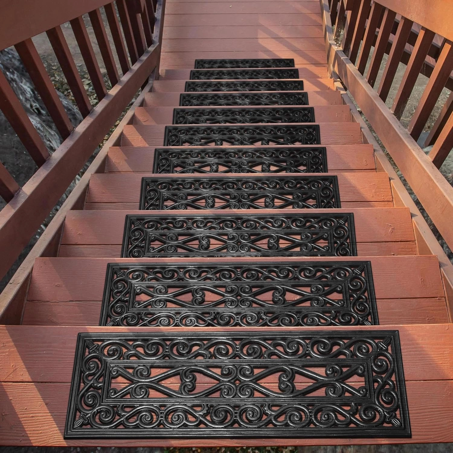 Ottomanson Easy Clean, Waterproof, Low Profile Non-Slip Indoor/Outdoor Rubber Stair Treads, 10" x 30" (5 Pack), Black/Bronze