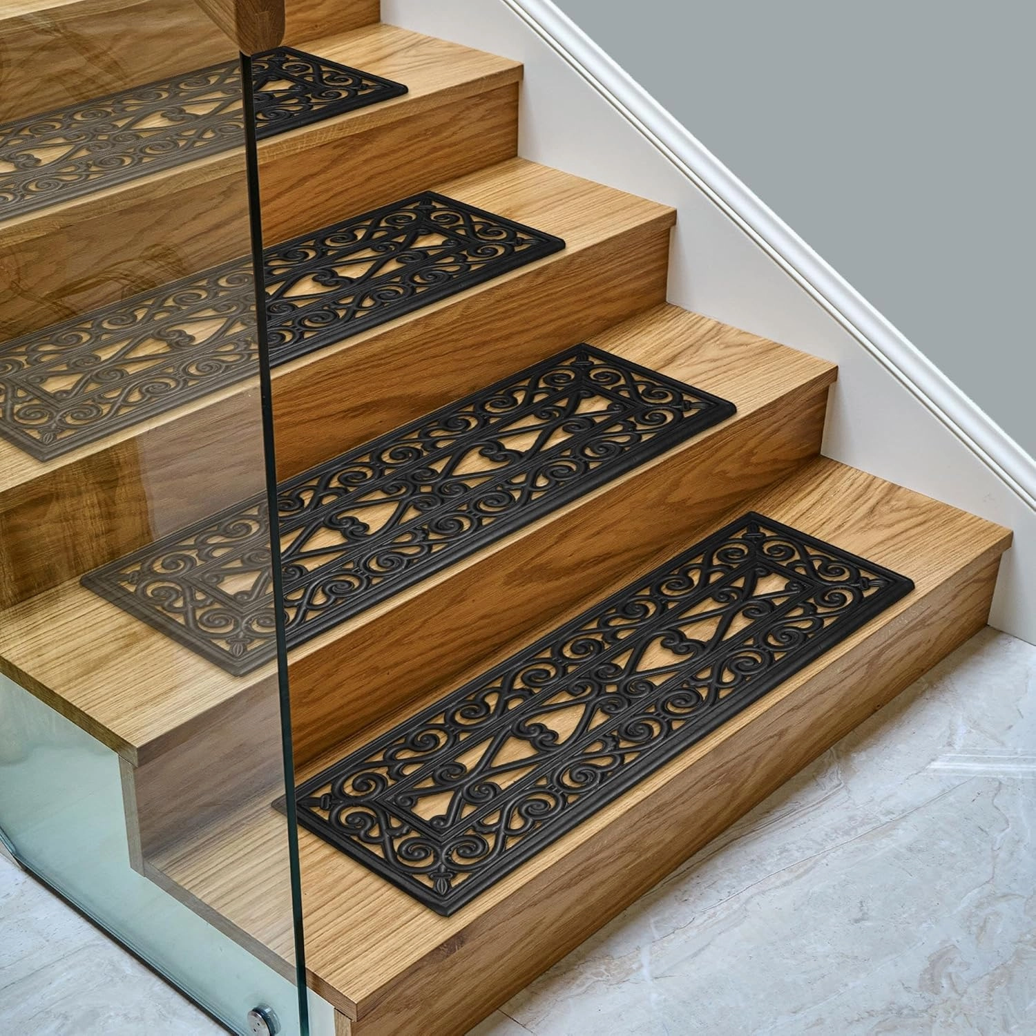 Ottomanson Easy Clean, Waterproof, Low Profile Non-Slip Indoor/Outdoor Rubber Stair Treads, 10" x 30" (5 Pack), Black/Bronze