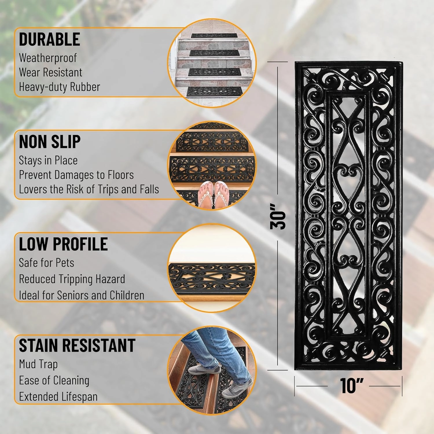 Ottomanson Easy Clean, Waterproof, Low Profile Non-Slip Indoor/Outdoor Rubber Stair Treads, 10" x 30" (5 Pack), Black/Bronze