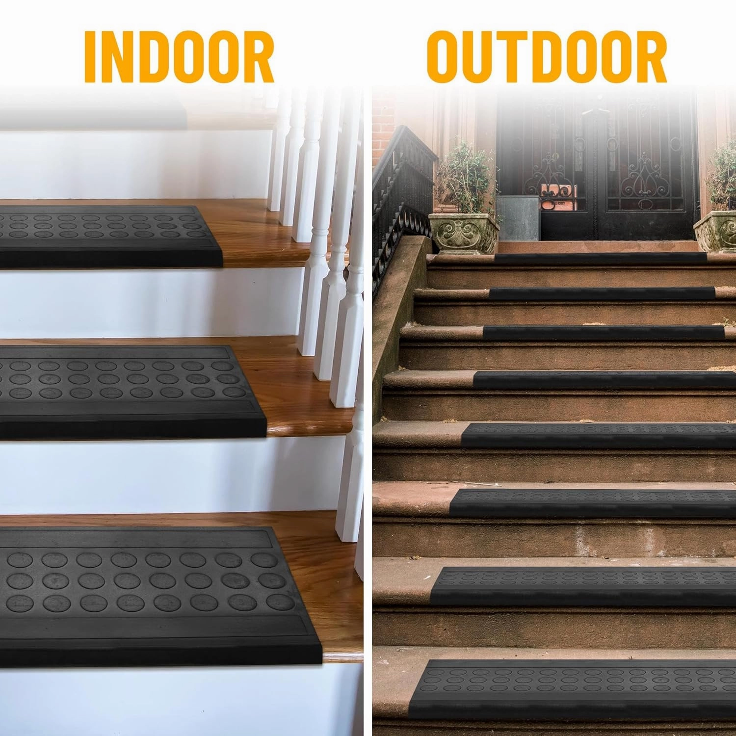 Ottomanson Easy Clean, Waterproof, Low Profile Non-Slip Indoor/Outdoor Rubber Stair Treads, 10" x 30" (5 Pack), Black/Silver
