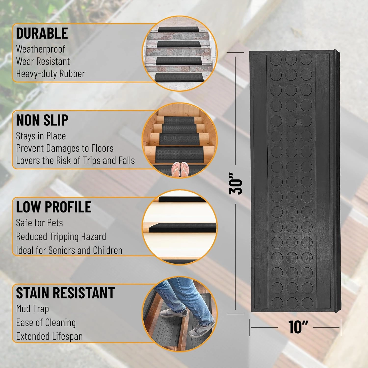 Ottomanson Indoor/Outdoor Hose-Wash Coin Design Non-Slip Rubber 10" x 30" Modern Stair Treads for Stairs, Garage, Patio, 5 Pack, Black Coin
