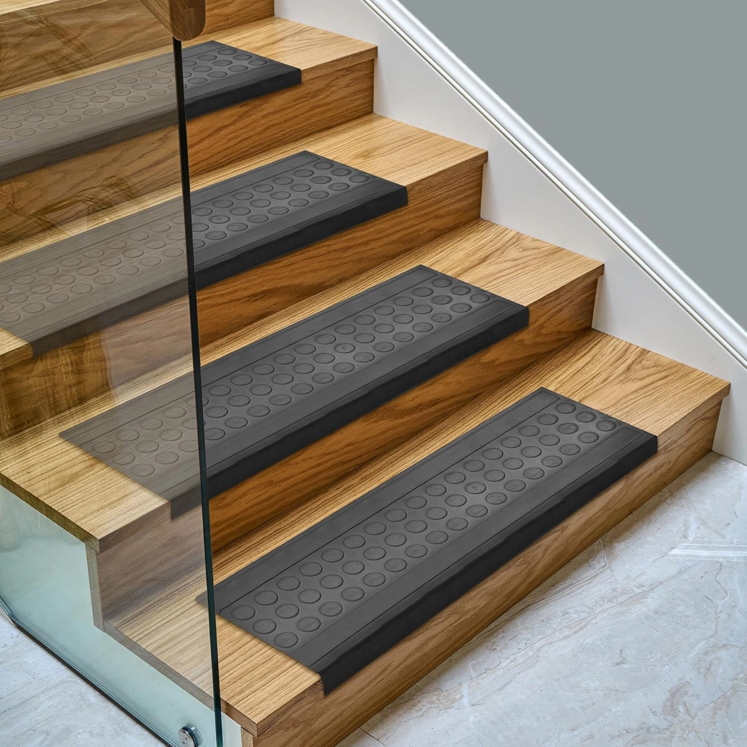 Ottomanson Indoor/Outdoor Hose-Wash Coin Design Non-Slip Rubber 10" x 30" Modern Stair Treads for Stairs, Garage, Patio, 5 Pack, Black Coin