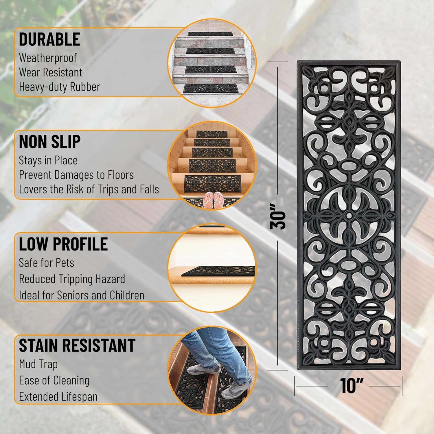 Ottomanson Indoor/Outdoor Hose-Wash Iron Wrought Design Non-Slip Rubber 10" x 30" Modern Stair Treads for Stairs, Garage, Patio, 5 Pack, Black Floral