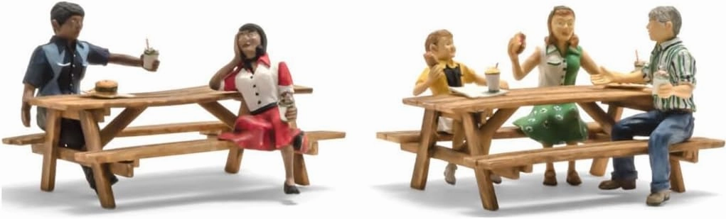 Outdoor Dining (5 Figures & 2 Picnic Tables) HO Scale Woodland Scenics