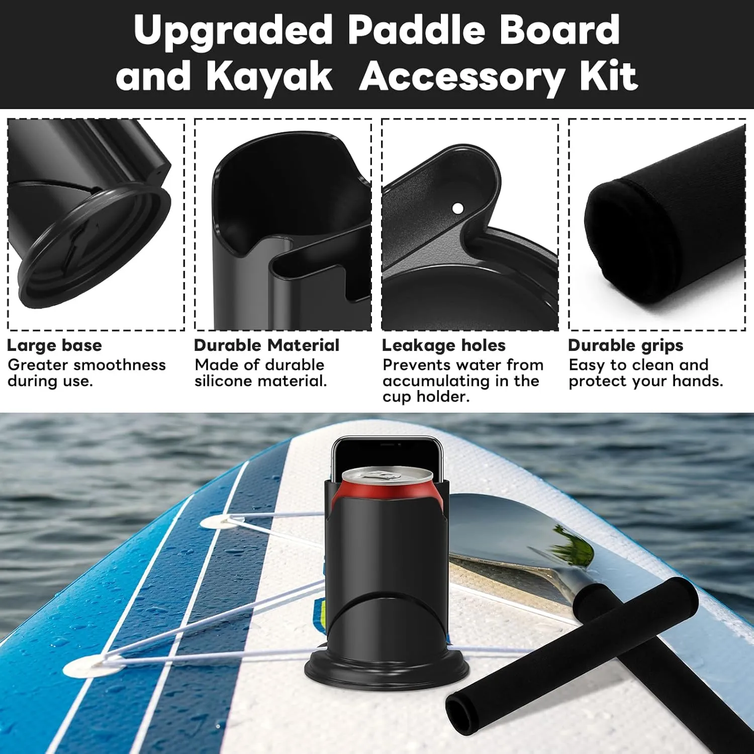 Paddle Board and Kayak Cup Holder, Paddle Grips, Paddle Board and Kayak Accessories Kit (Black)