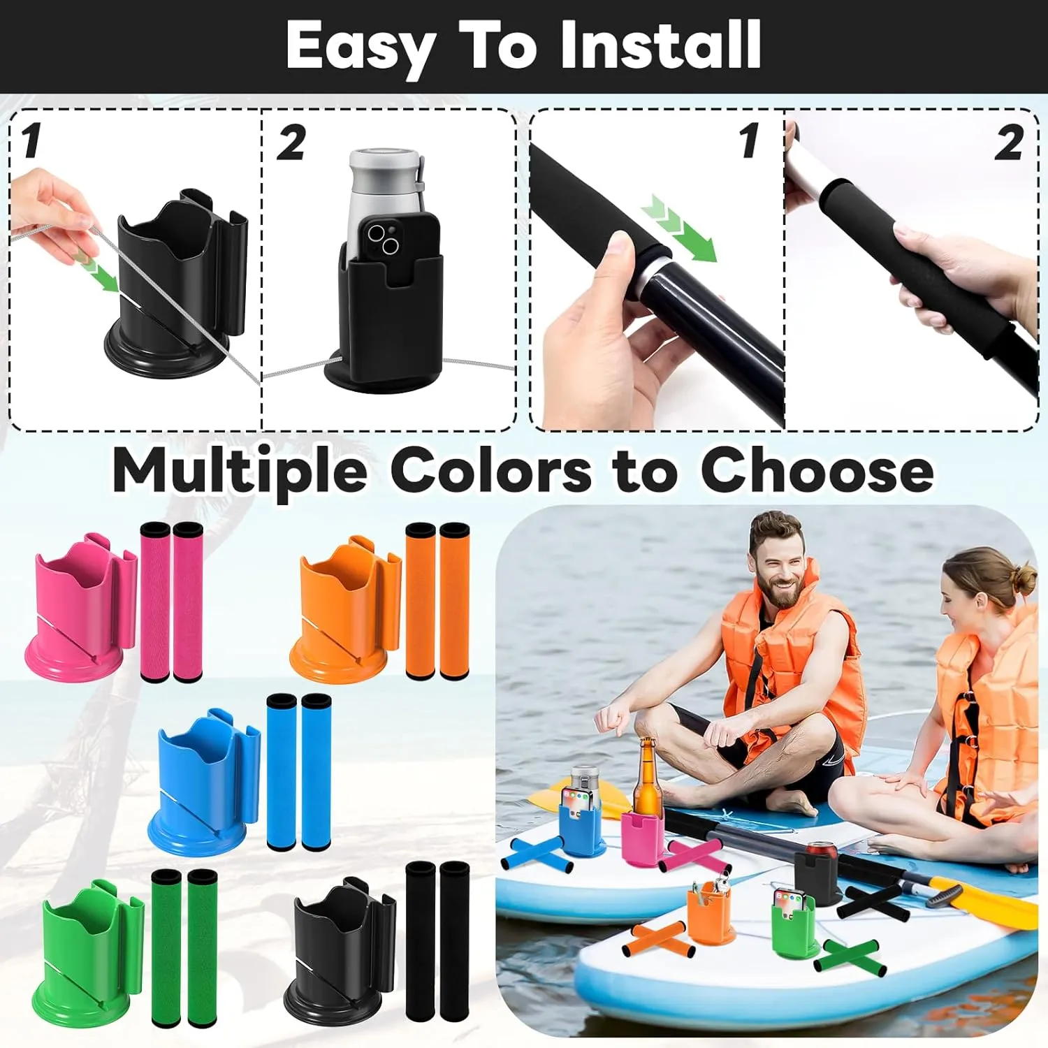 Paddle Board and Kayak Cup Holder, Paddle Grips, Paddle Board and Kayak Accessories Kit (Black)
