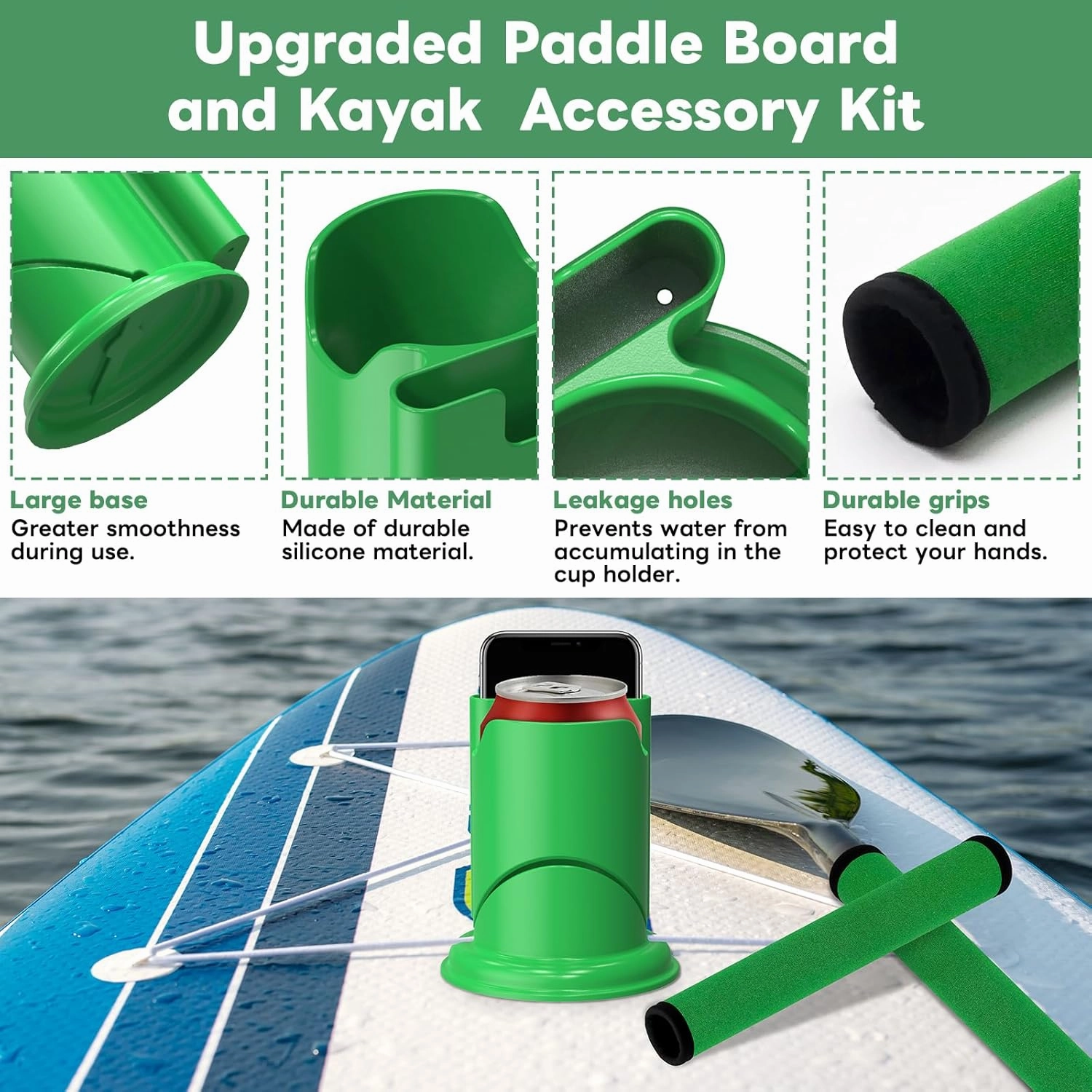 Paddle Board and Kayak Cup Holder, Paddle Grips, Paddle Board and Kayak Accessories Kit (Green)