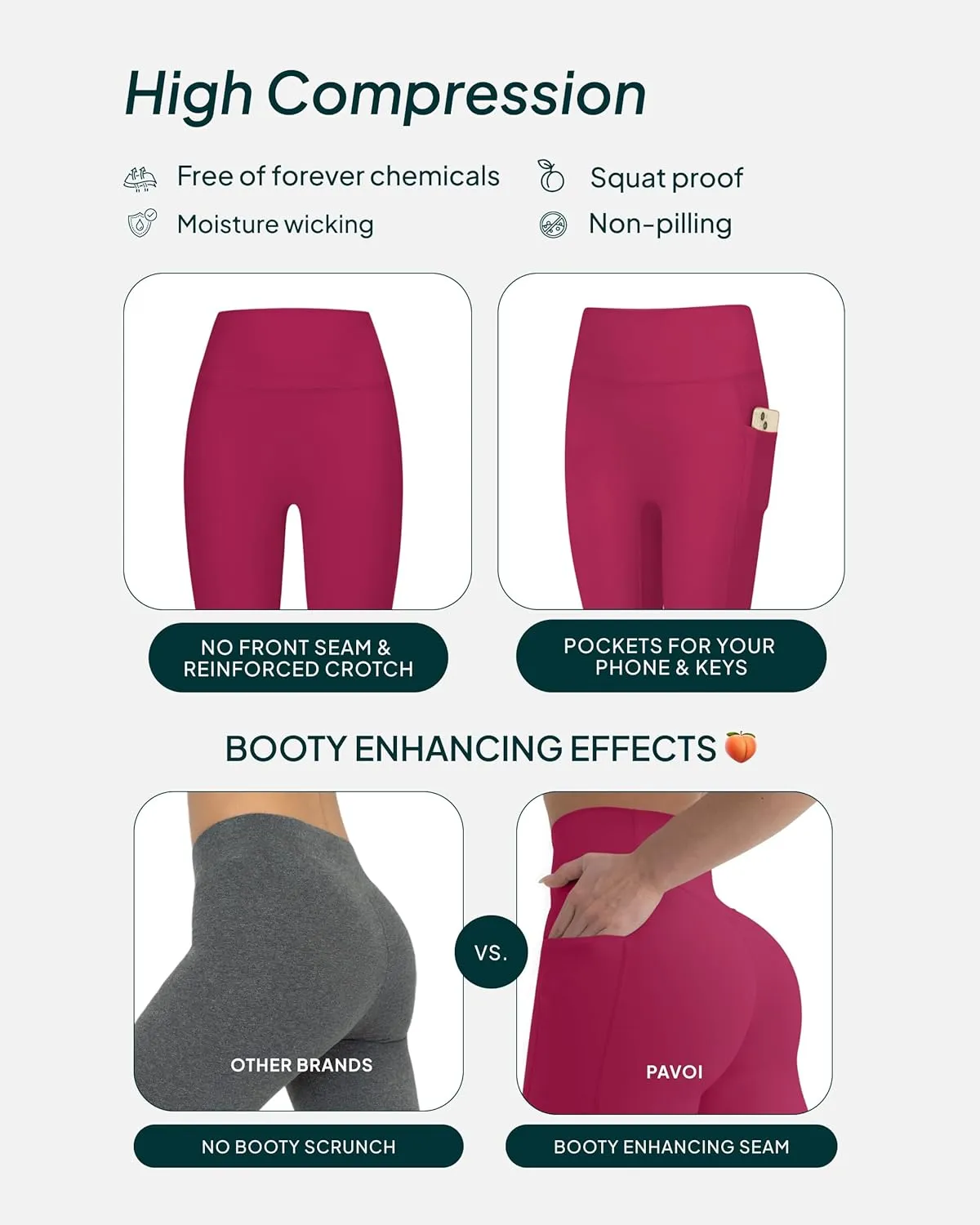 PAVOI ACTIVE Leggings with Pockets | Compressive High Waisted Butt Sculpting Women's Full Length Workout Pants | HiPerform