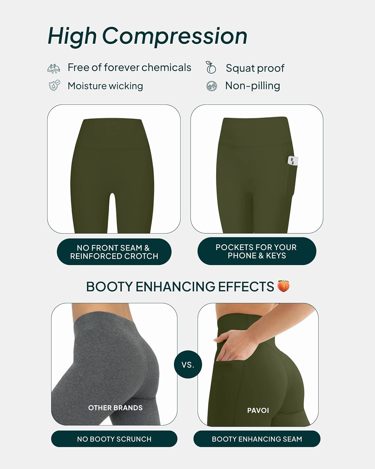 PAVOI ACTIVE Leggings with Pockets | Compressive High Waisted Butt Sculpting Women's Full Length Workout Pants | HiPerform