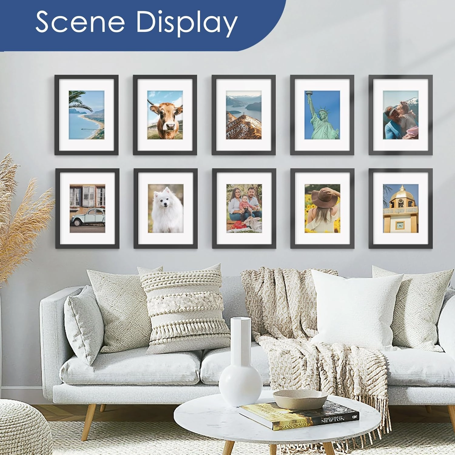 PEALSN 8.5 x 11 Picture Frame Set of 6, Display Pictures 6x8 with Mat or 8.5 x 11 Without Mat for Wall Mounting Display, Photo Frames Collage for Wall Decor, Black.