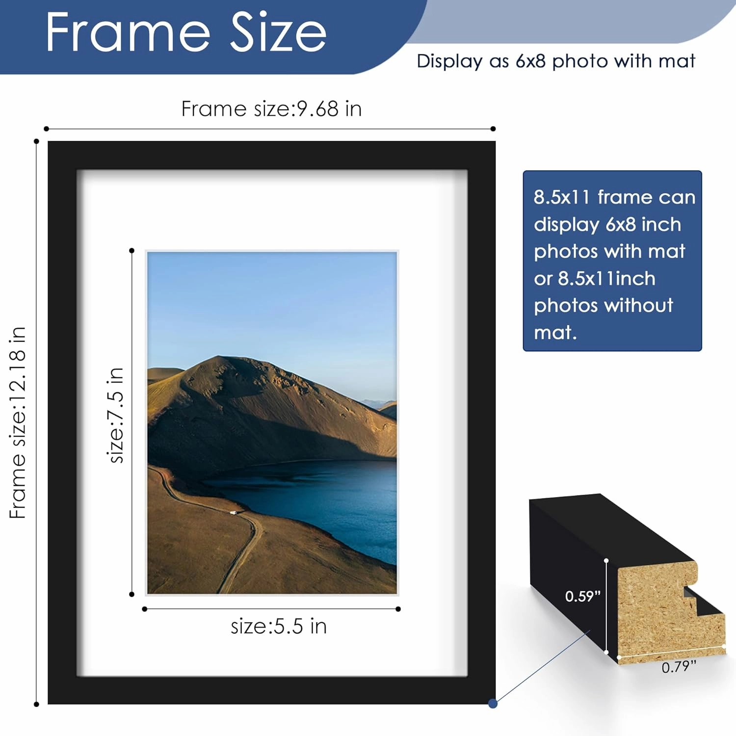 PEALSN 8.5 x 11 Picture Frame Set of 6, Display Pictures 6x8 with Mat or 8.5 x 11 Without Mat for Wall Mounting Display, Photo Frames Collage for Wall Decor, Black.