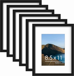 PEALSN 8.5 x 11 Picture Frame Set of 6, Display Pictures 6x8 with Mat or 8.5 x 11 Without Mat for Wall Mounting Display, Photo Frames Collage for Wall Decor, Black.