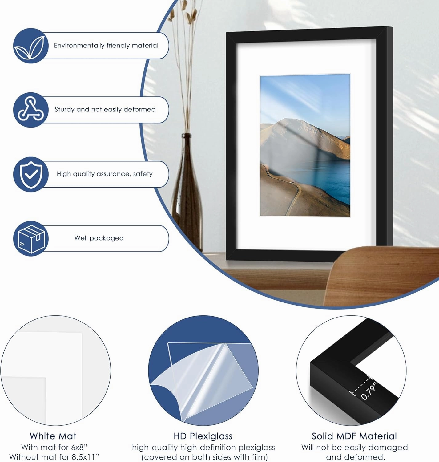 PEALSN 8.5 x 11 Picture Frame Set of 6, Display Pictures 6x8 with Mat or 8.5 x 11 Without Mat for Wall Mounting Display, Photo Frames Collage for Wall Decor, Black.