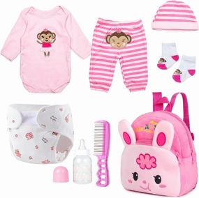 PEDOLLTREE Reborn Baby Doll Clothes Outfit Accessories Pink 8 Pcs Set with Rabbit Backpack&Diaper for 17-22 Inch Reborn Doll Newborn Baby Girl