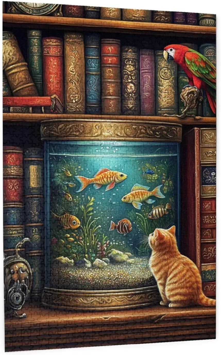 Pet Jigsaw Puzzle 1000 Pieces, Cat in Front of Fish Tank, Wooden Puzzles for Adults, Vibrant and Unique, Creative Entertainment Game, Challenging Brain Exercise, Stress Relief