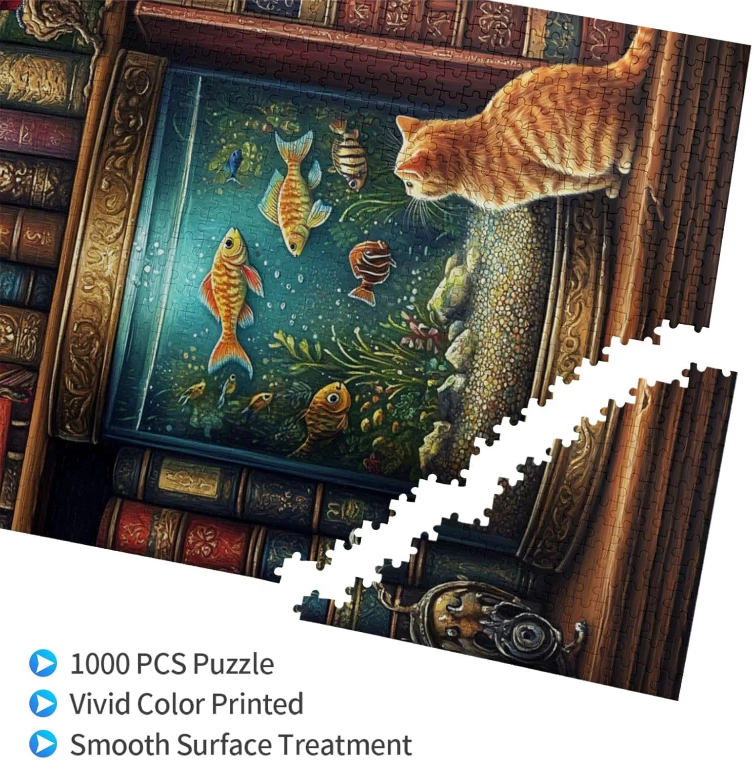 Pet Jigsaw Puzzle 1000 Pieces, Cat in Front of Fish Tank, Wooden Puzzles for Adults, Vibrant and Unique, Creative Entertainment Game, Challenging Brain Exercise, Stress Relief