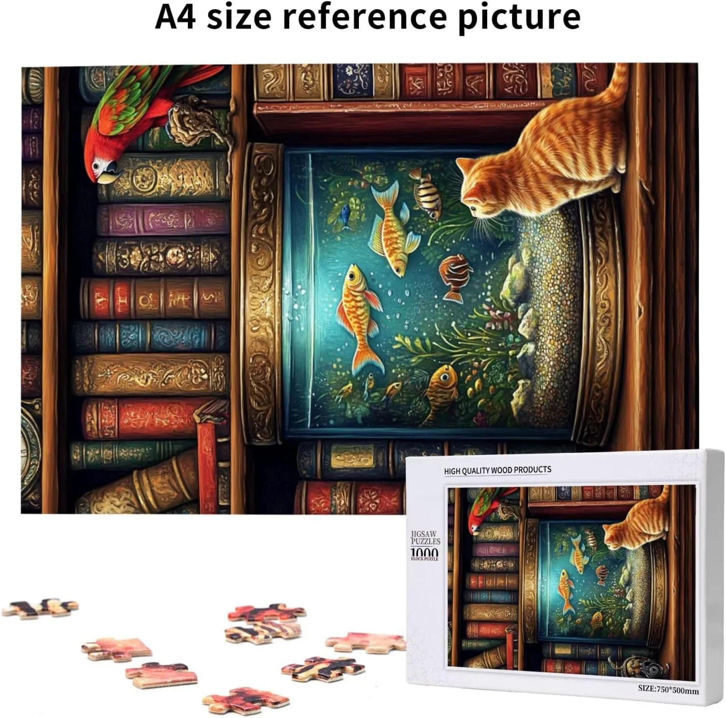 Pet Jigsaw Puzzle 1000 Pieces, Cat in Front of Fish Tank, Wooden Puzzles for Adults, Vibrant and Unique, Creative Entertainment Game, Challenging Brain Exercise, Stress Relief