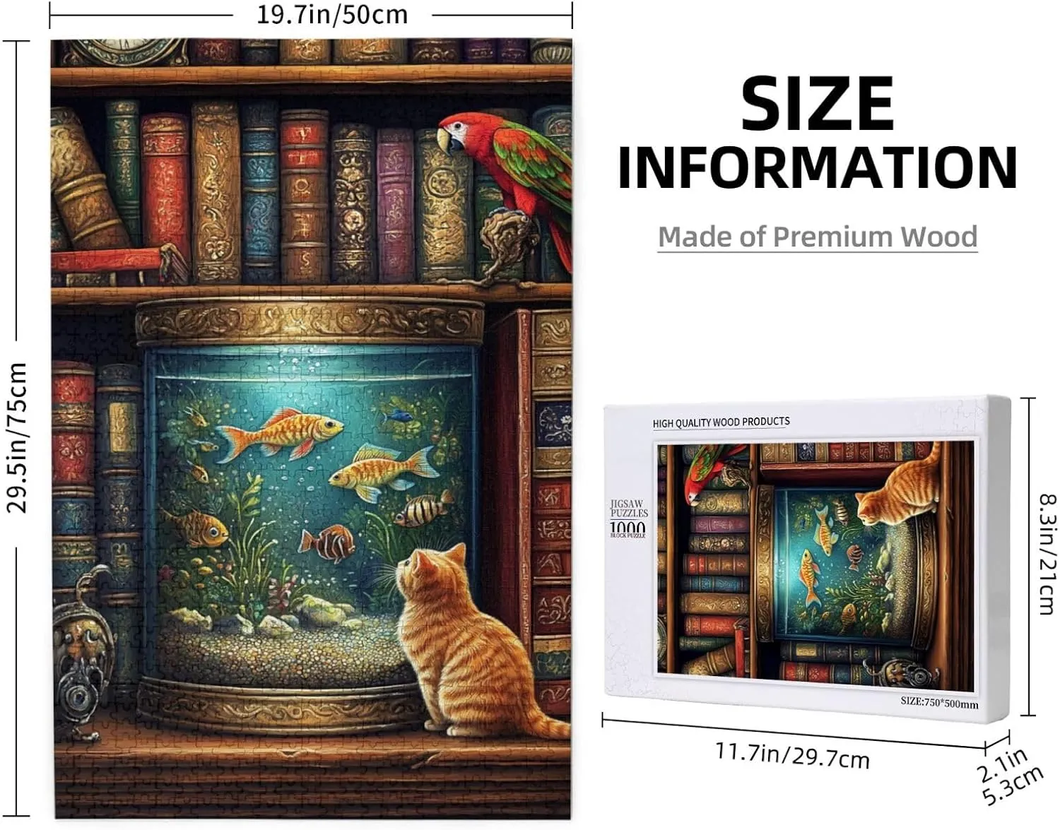 Pet Jigsaw Puzzle 1000 Pieces, Cat in Front of Fish Tank, Wooden Puzzles for Adults, Vibrant and Unique, Creative Entertainment Game, Challenging Brain Exercise, Stress Relief