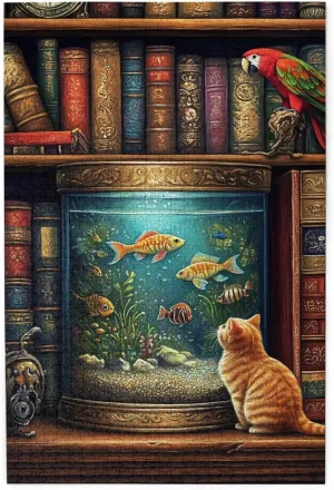 Pet Jigsaw Puzzle 1000 Pieces, Cat in Front of Fish Tank, Wooden Puzzles for Adults, Vibrant and Unique, Creative Entertainment Game, Challenging Brain Exercise, Stress Relief