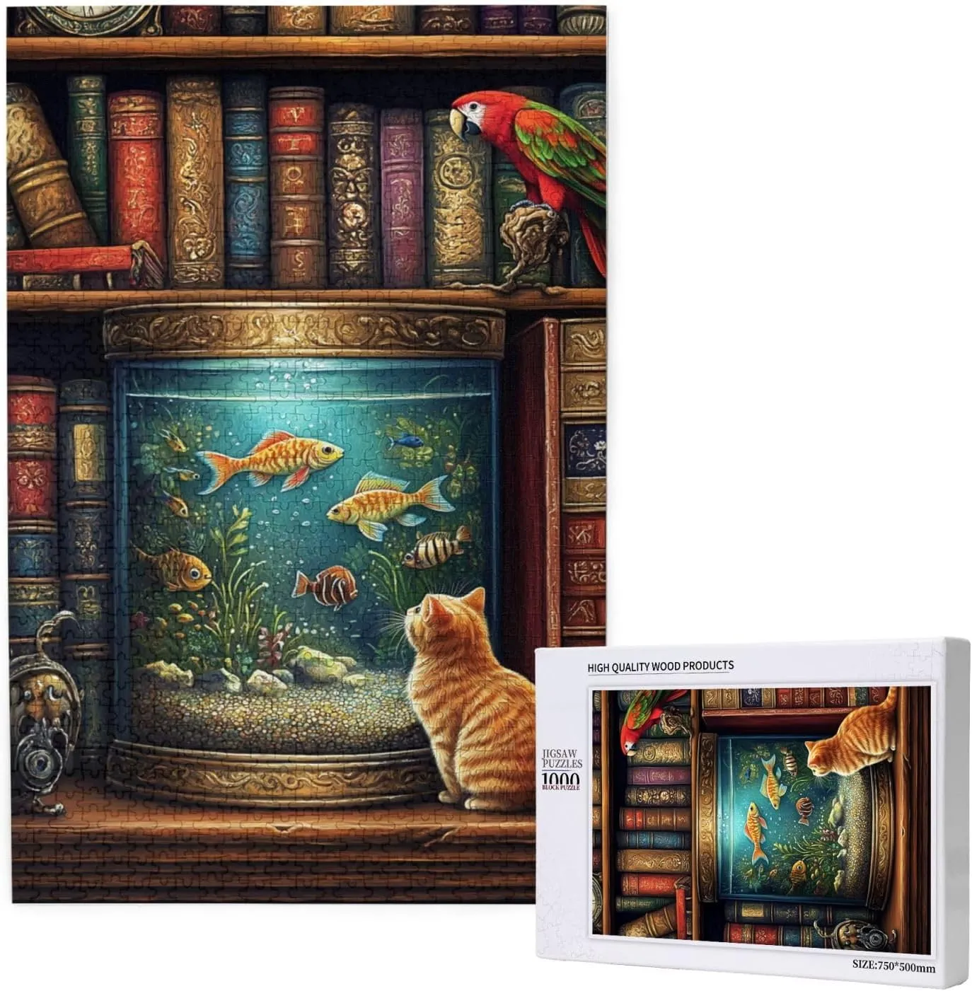Pet Jigsaw Puzzle 1000 Pieces, Cat in Front of Fish Tank, Wooden Puzzles for Adults, Vibrant and Unique, Creative Entertainment Game, Challenging Brain Exercise, Stress Relief