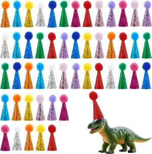 PET SHOW 50 Pack Mini Party Hats for Animal Figures Toys Dinosaurs Tiny Hats for Crafts Colorful Doll Headwear Decorative Adjustable Miniature Cone Hat with Pom Pom Kids Birthday Accessories