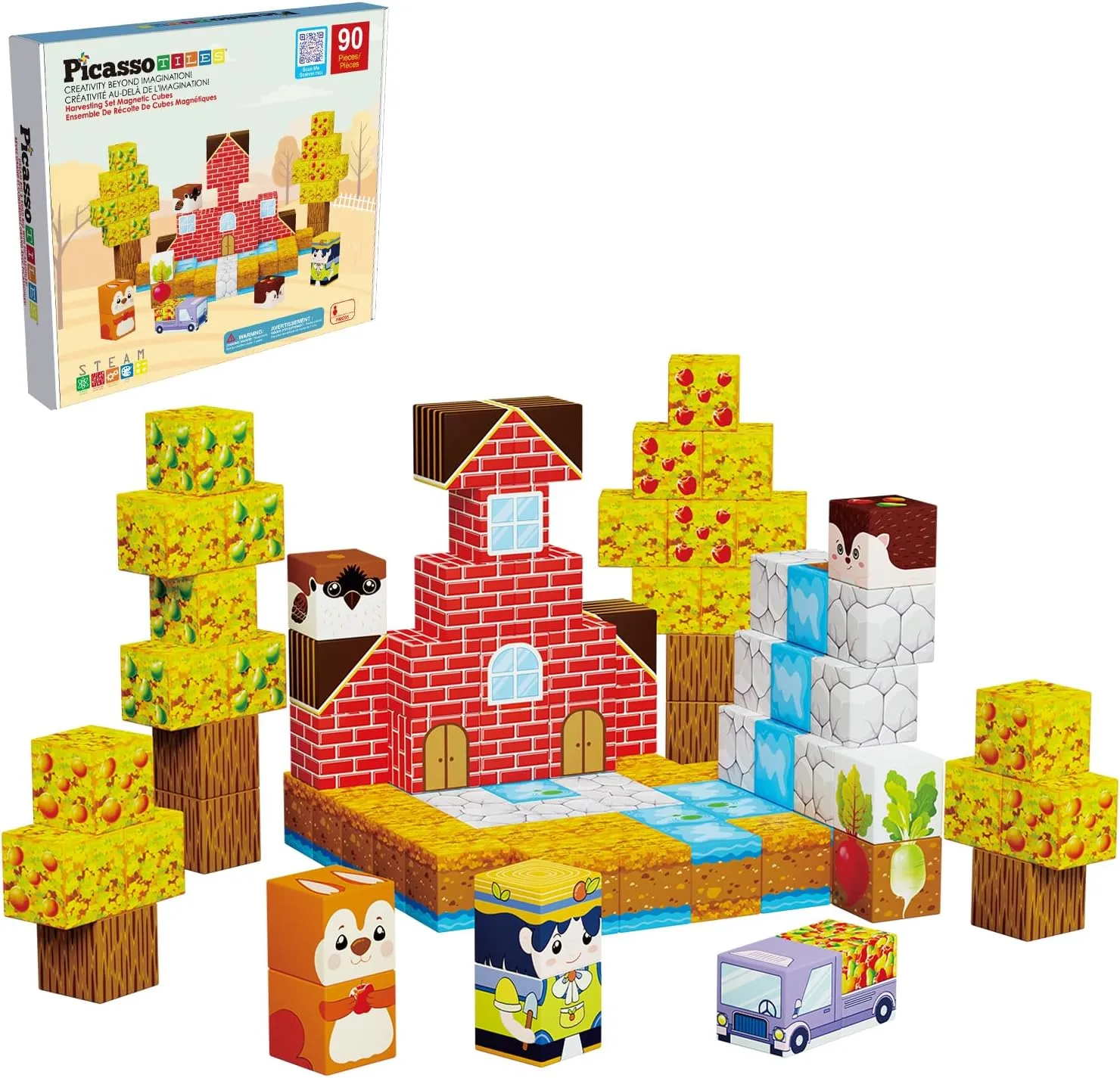Picasso Cubes 1” Fall Autumn Harvest Theme Magnetic Blocks Build Cubes 90 Piece Magnet Tile Construction Building Block Set Sensory Toy Early Education STEM Learning, Children Age 3  Boy Girl PMC05