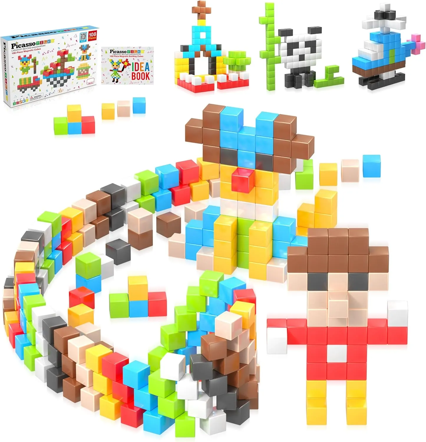 Picasso Cubes 1” Magnetic Puzzle Cubes 108 Piece Magnet Construction Building Block Set Sensory Toy Early Education STEM Learning, Free Ideabook with 50 Ideas, Children Age 3  Boy Girl PMC108
