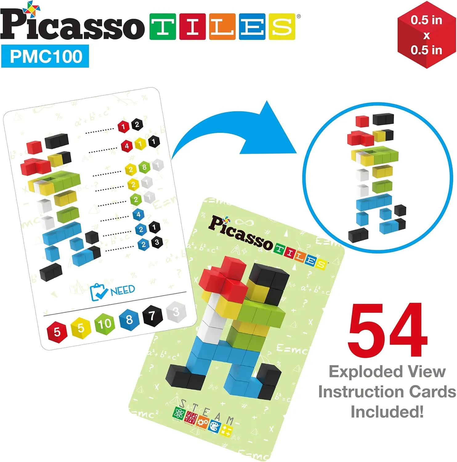 PicassoTiles 0.5” Pixel Magnetic Puzzle Cube 100 Piece Mix & Match Cubes Sensory Toys STEAM Education Learning Building Block Magnets Children Construction Toy Set Stacking Magnet Creative Kit PMC100