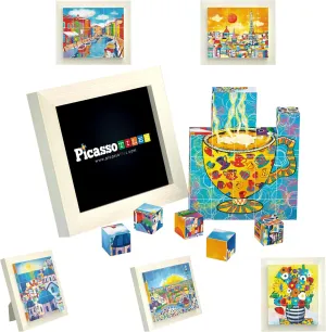 PicassoTiles 6-in-1 World Famous Painting Puzzles Magnetic Cubes Toy_Building_Block, Spain Park Guell, Paris Eiffel Tower, Greece Santorini & More for Kid, Educational Art for Boys and Girls