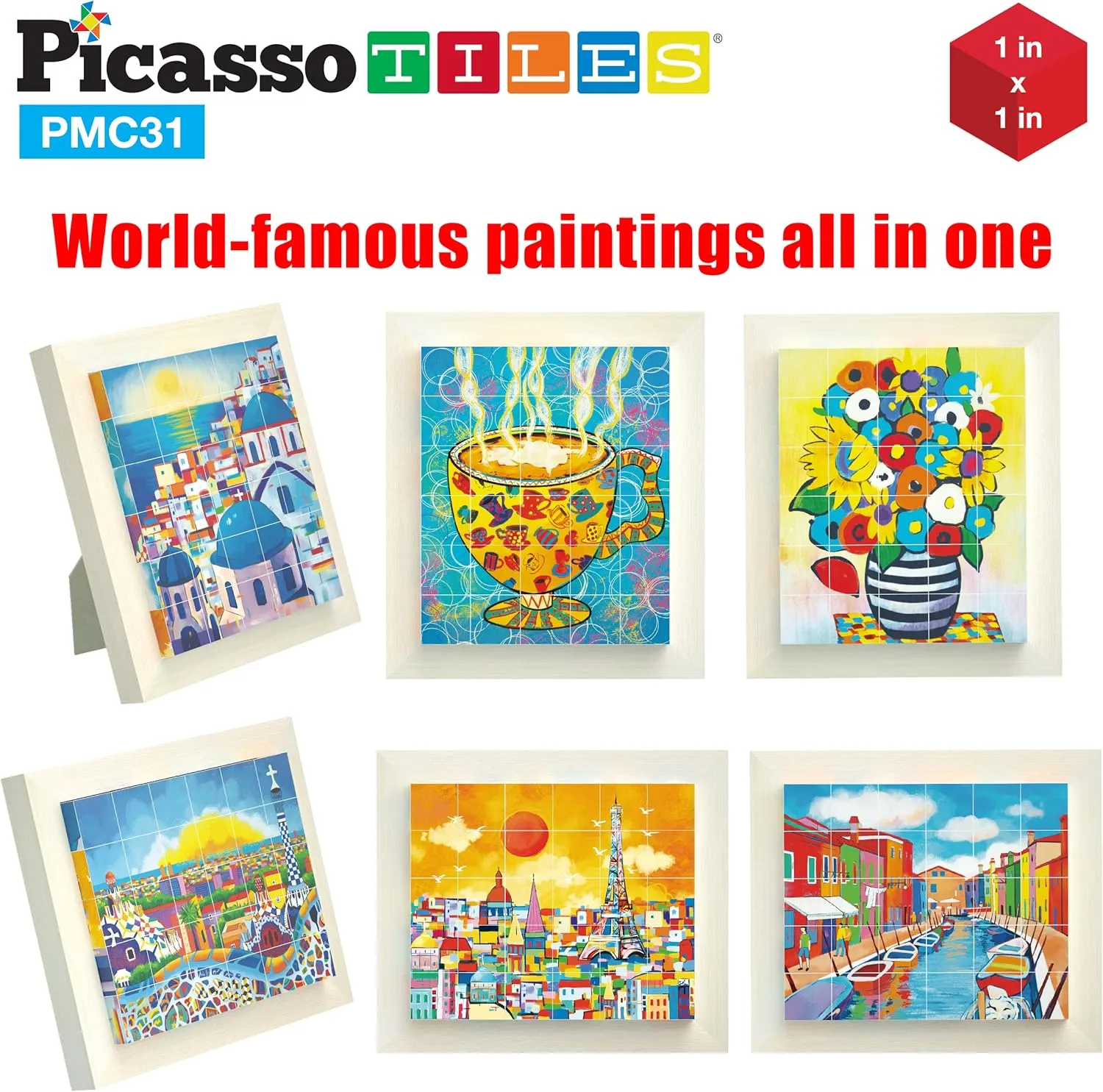 PicassoTiles 6-in-1 World Famous Painting Puzzles Magnetic Cubes Toy_Building_Block, Spain Park Guell, Paris Eiffel Tower, Greece Santorini & More for Kid, Educational Art for Boys and Girls