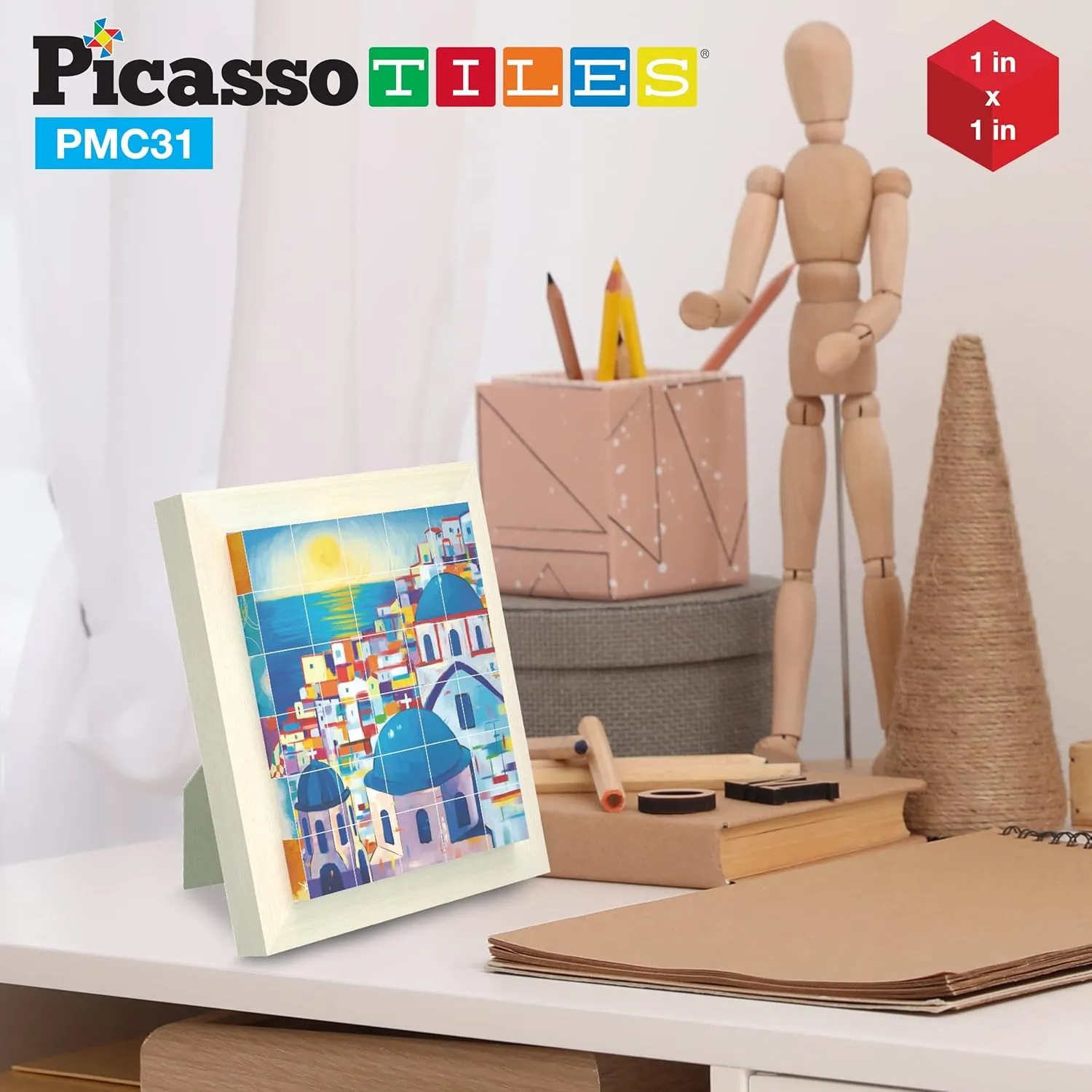 PicassoTiles 6-in-1 World Famous Painting Puzzles Magnetic Cubes Toy_Building_Block, Spain Park Guell, Paris Eiffel Tower, Greece Santorini & More for Kid, Educational Art for Boys and Girls