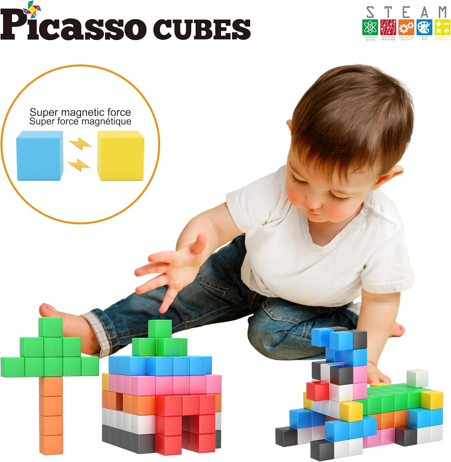 PicassoTiles Magnet Cube Building Blocks 108 Pieces 1.2" 3CM Magnetic Cubes Toy Construction Building Educational Sensory Toys with Idea Booklet for School & Preschool Kids Boys Girls Toddlers PMC303
