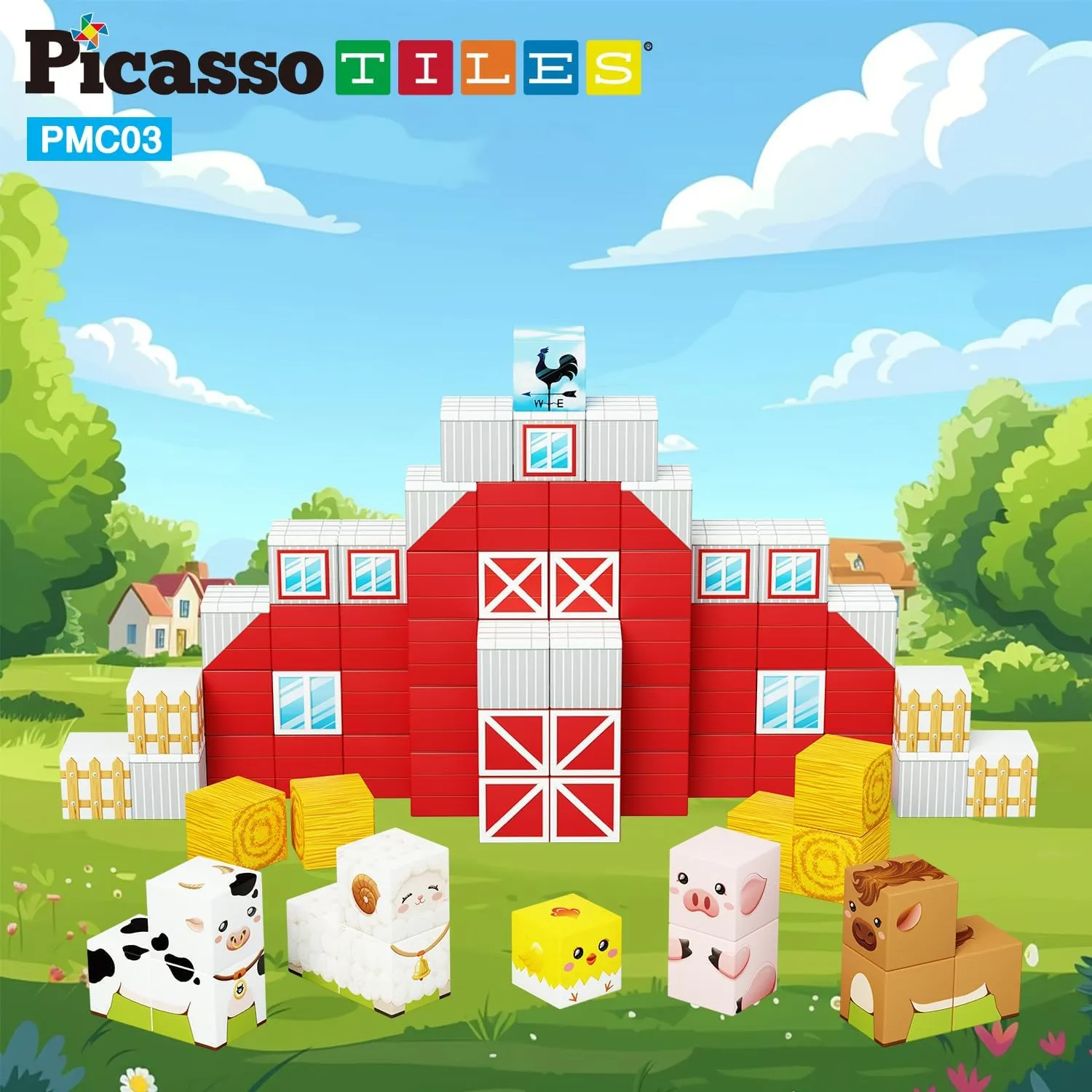 PicassoTiles Magnet Cube Farm House Theme Mix and Match Building Block Construction Toy Barn with 5 Magnetic Cubed Character Action Figure STEM Learning Education Sensory Pretend Play Kid Age 3  PMC03