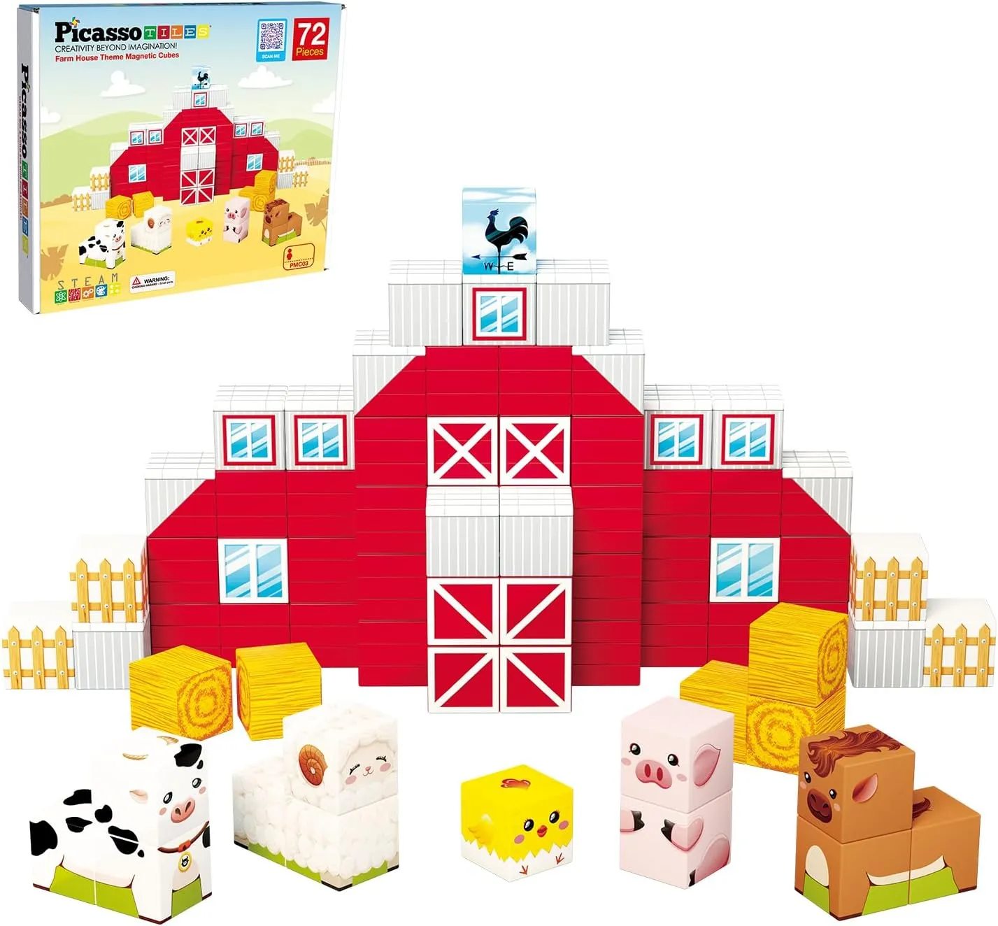 PicassoTiles Magnet Cube Farm House Theme Mix and Match Building Block Construction Toy Barn with 5 Magnetic Cubed Character Action Figure STEM Learning Education Sensory Pretend Play Kid Age 3  PMC03