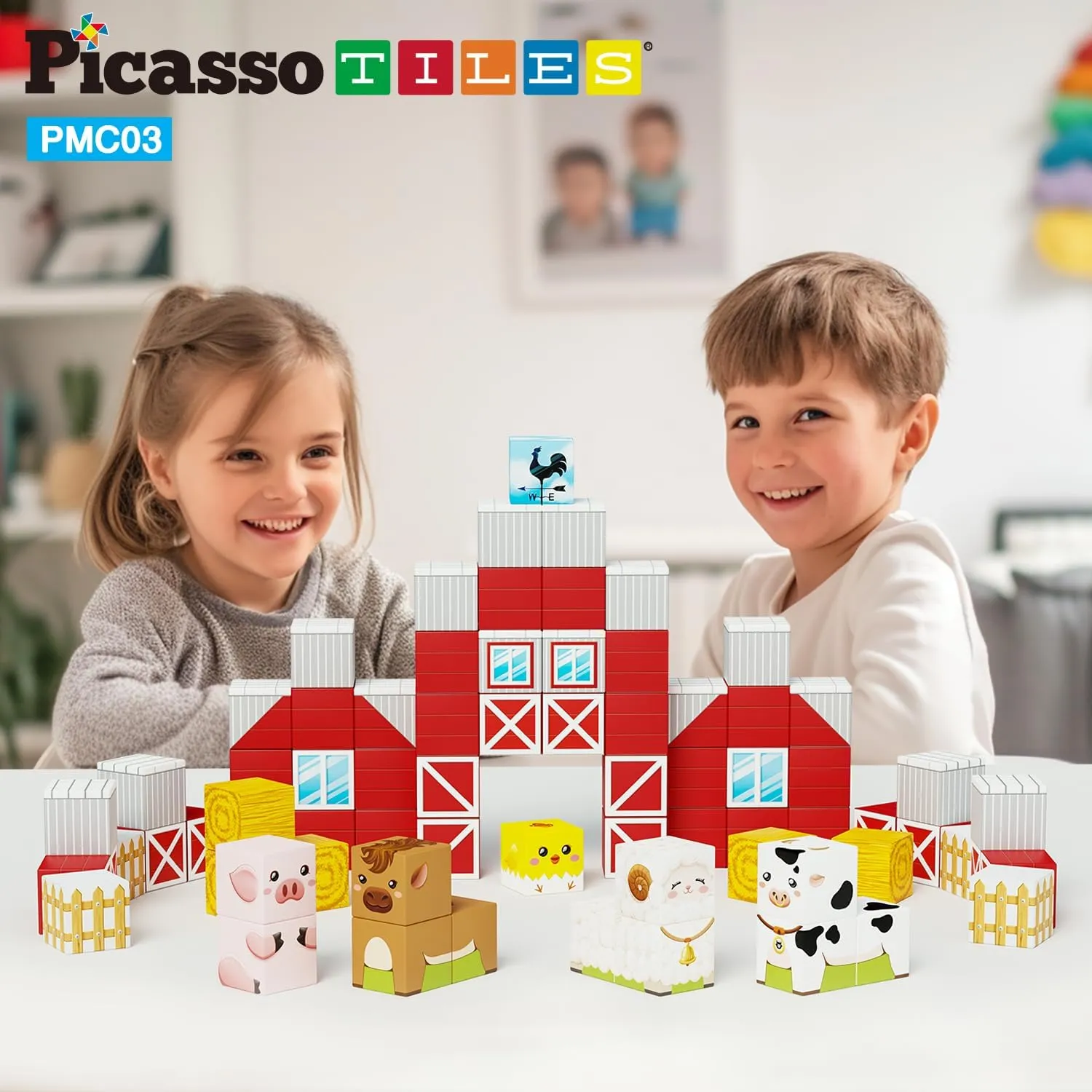 PicassoTiles Magnet Cube Farm House Theme Mix and Match Building Block Construction Toy Barn with 5 Magnetic Cubed Character Action Figure STEM Learning Education Sensory Pretend Play Kid Age 3  PMC03