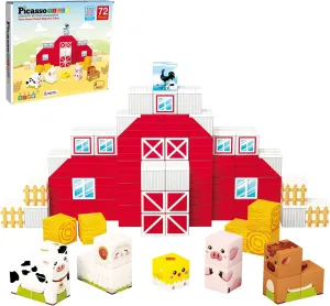 PicassoTiles Magnet Cube Farm House Theme Mix and Match Building Block Construction Toy Barn with 5 Magnetic Cubed Character Action Figure STEM Learning Education Sensory Pretend Play Kid Age 3  PMC03