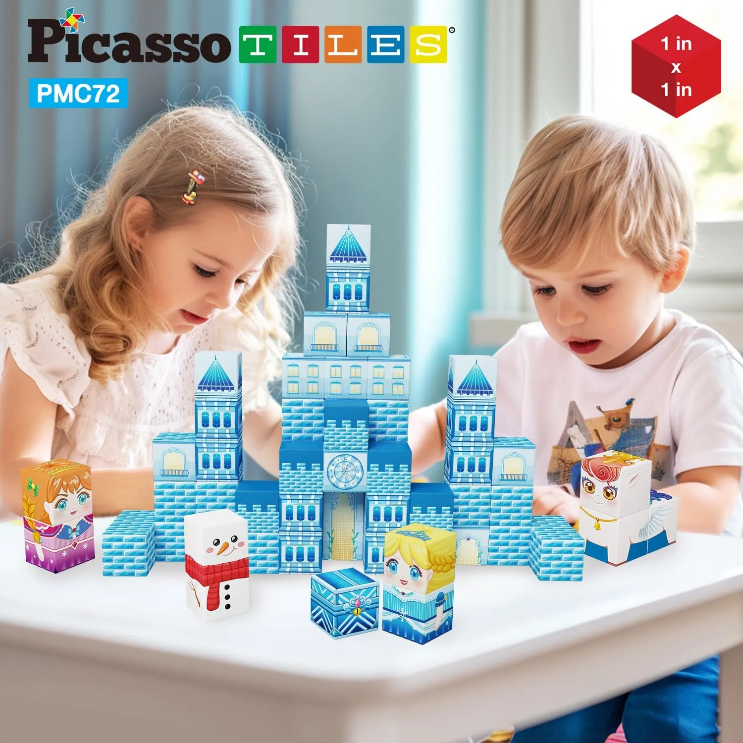 PicassoTiles Magnet Cube Winter Ice Themed Mix and Match Building Block Castle Construction Toy with 7 Magnetic Cubed Character Action Figures STEM Learning Education Sensory Pretend Play Age 3  PMC72