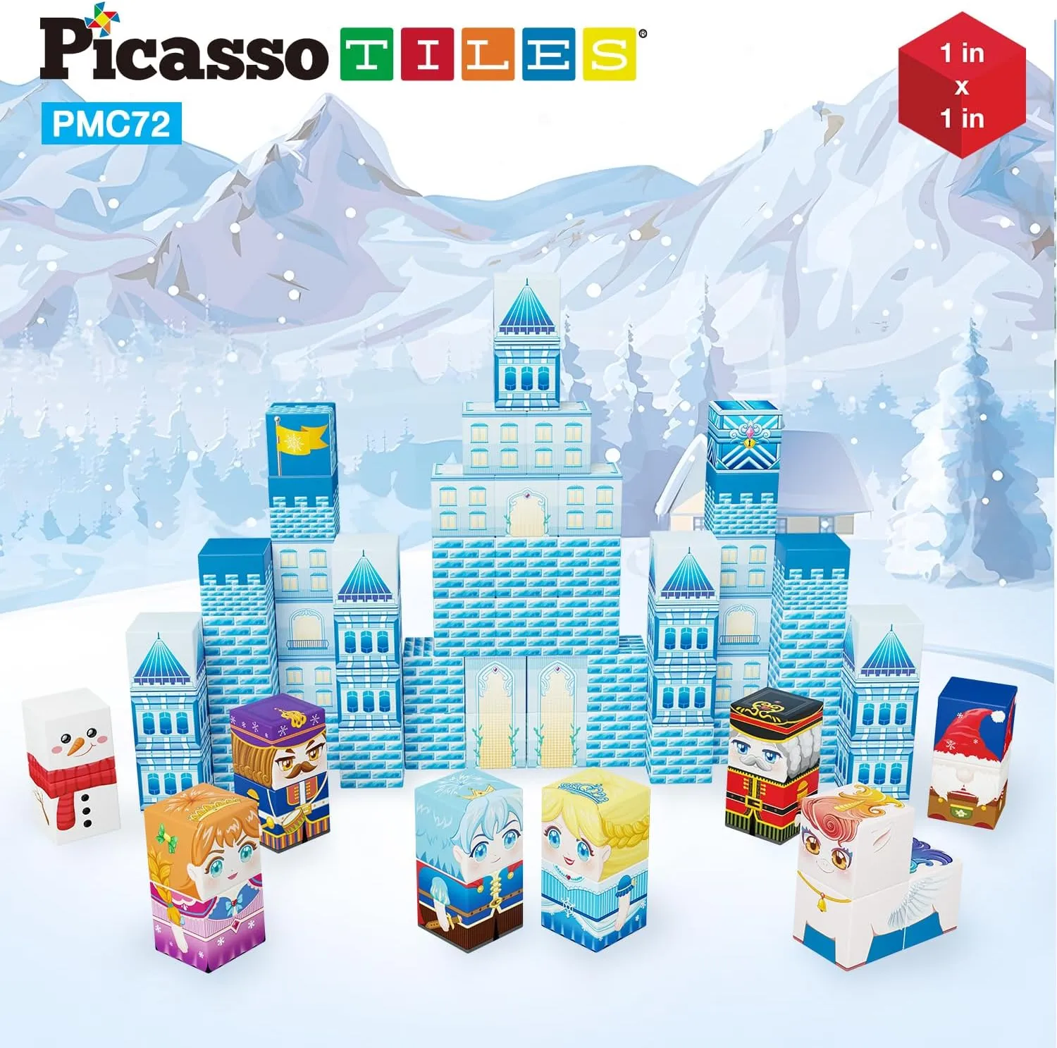 PicassoTiles Magnet Cube Winter Ice Themed Mix and Match Building Block Castle Construction Toy with 7 Magnetic Cubed Character Action Figures STEM Learning Education Sensory Pretend Play Age 3  PMC72