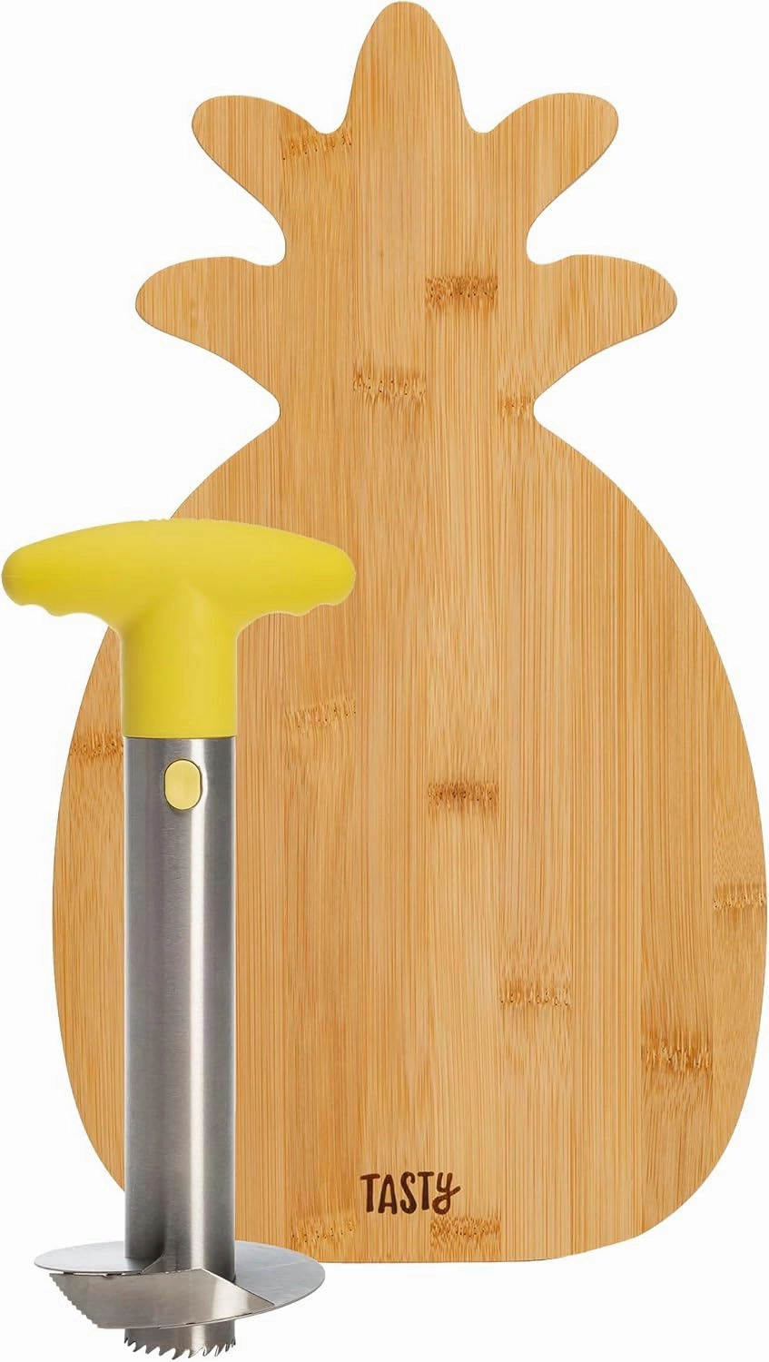 Pineapple Slicer and Bamboo Board Set, Cores and Slices Pineapples, Set Includes Renewable Bamboo Pineapple Shaped Cutting Board and Stainless Steel Slicer with Nonslip Handle, 2-Piece Set