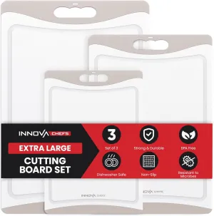 Plastic Cutting Boards for Kitchen (Gray) - 3-Pack of Non-Slip and Reversible Plastic Cutting Board Set for Easy Slicing - Knife-Friendly Chopping Board Set with Juice Grooves