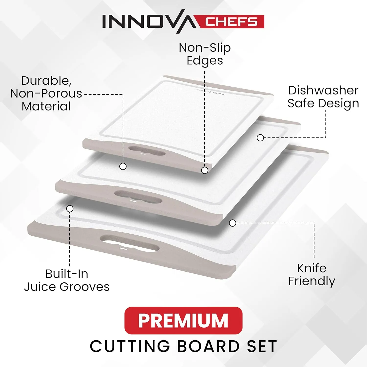 Plastic Cutting Boards for Kitchen (Gray) - 3-Pack of Non-Slip and Reversible Plastic Cutting Board Set for Easy Slicing - Knife-Friendly Chopping Board Set with Juice Grooves