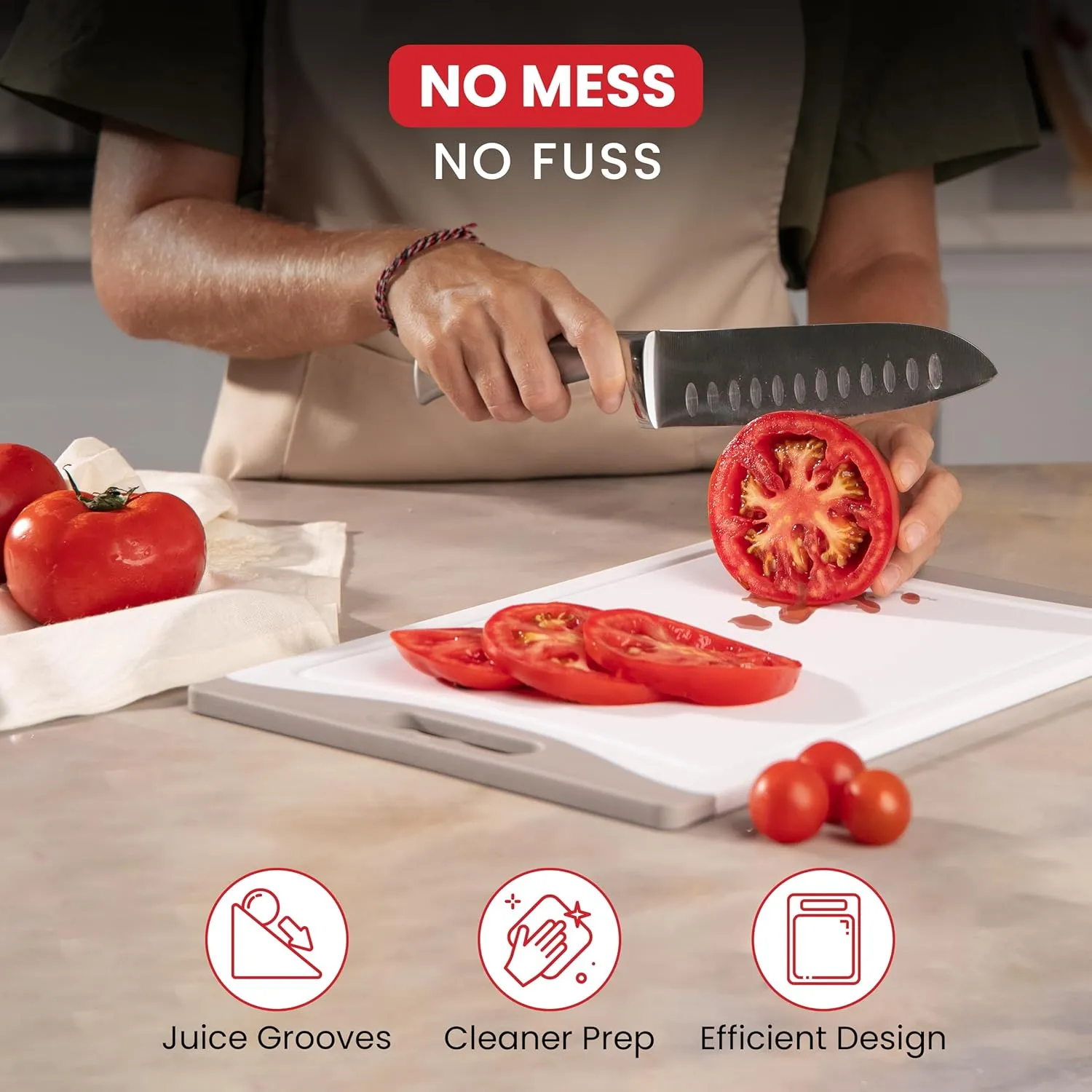 Plastic Cutting Boards for Kitchen (Gray) - 3-Pack of Non-Slip and Reversible Plastic Cutting Board Set for Easy Slicing - Knife-Friendly Chopping Board Set with Juice Grooves