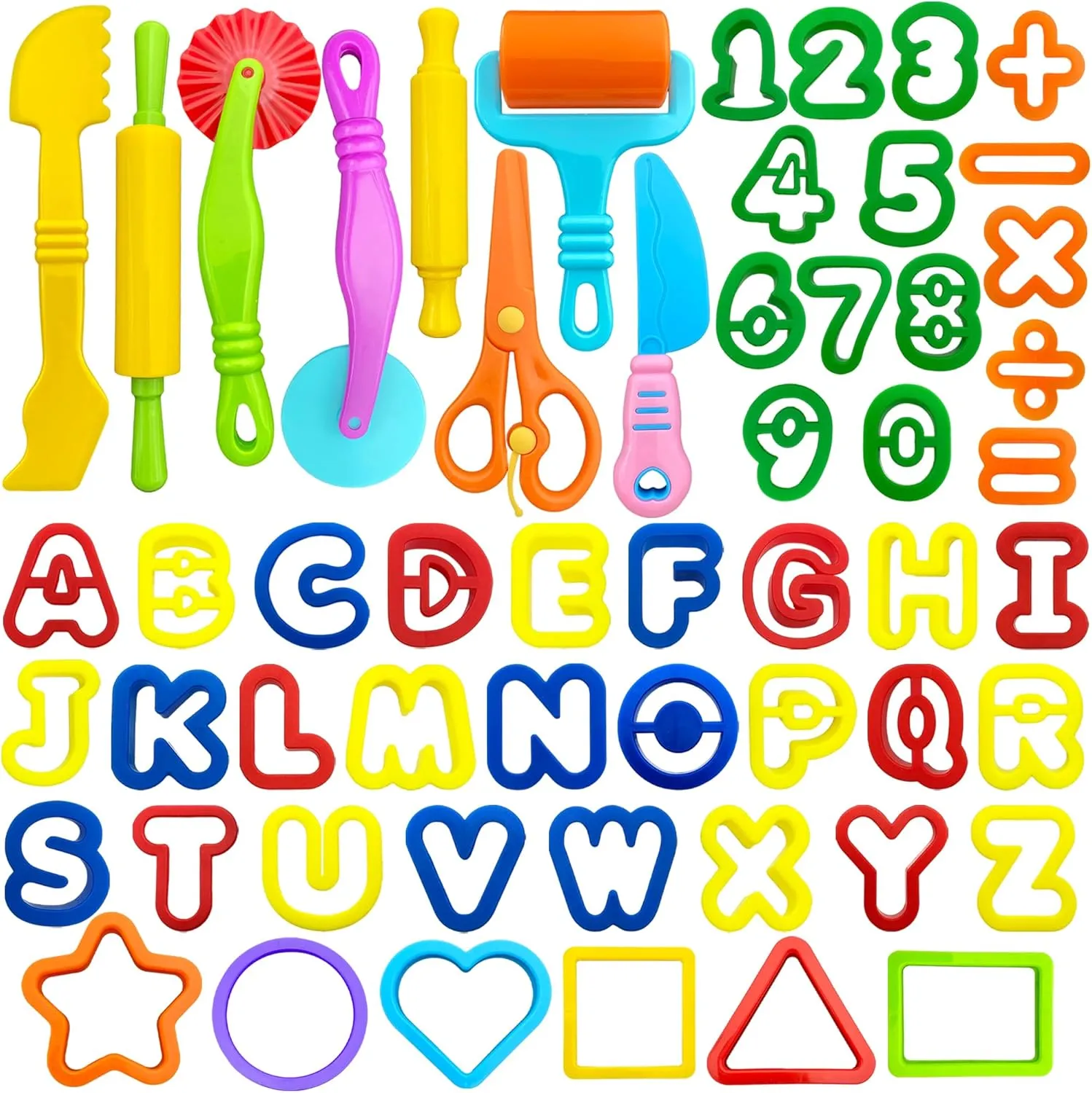 Playdough Tools 55 PCS Play Dough Tools Set for Kids, Play Dough Accessories Plastic Playdough Alphabet Numbers Shapes Cutters,Playdough Rollers,Scissors