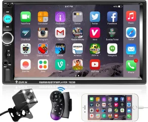 Podofo Double Din Car Stereo Radio 7 Inch Touch Screen Bluetooth Handsfree Mirror Link USB SD FM Audio Receiver with Backup Camera Wireless Remote Control Steering Wheel Control