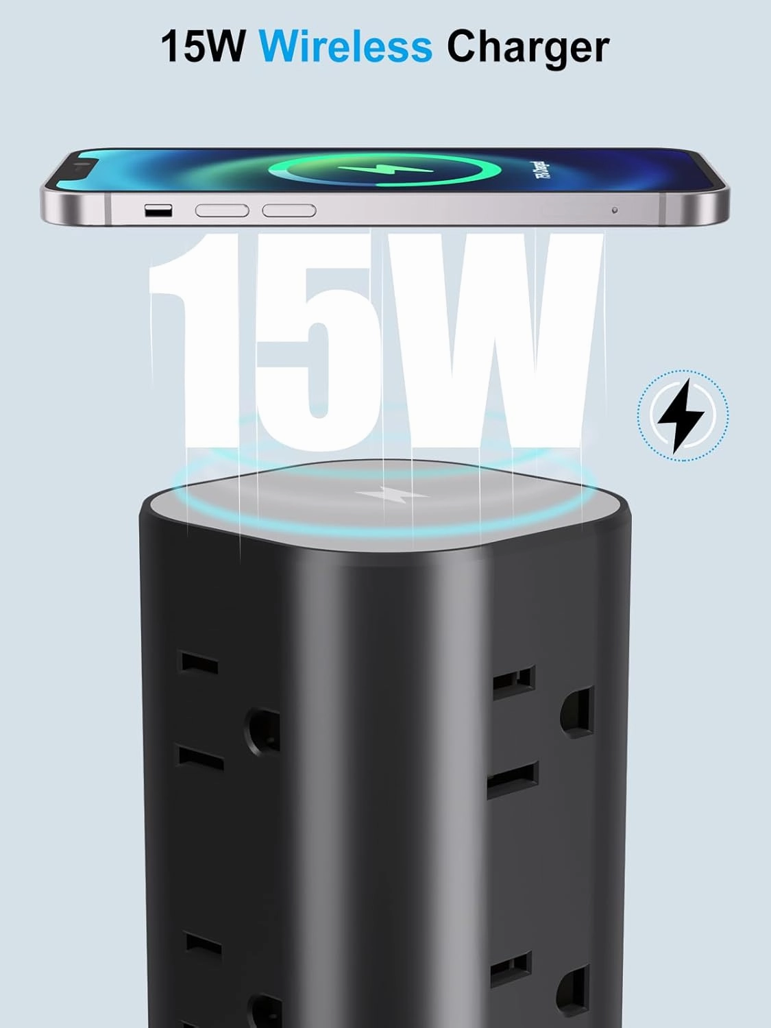 Power Strip Tower with Wireless Charger, Flat Plug Surge Protector Tower with 10FT Extension Cord, 12 AC Multiple Outlets, 4 USB (2 USB C),15W Wireless Charging Power Tower for Home Office Dorm, Black